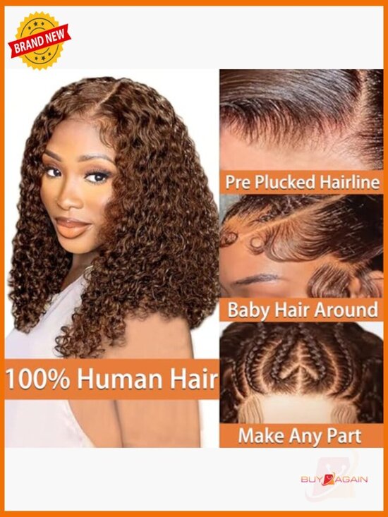 100% Human Hair Curly Bob Wig 200% Density 13x4 HD Lace Front Wig Pre Plucked main image 5